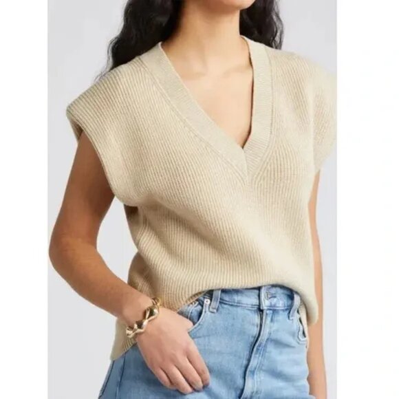 Open Edit Shoulder Pads Sweater Vest,  Beige Humus Color, Sz. XL - Picture 1 of 9